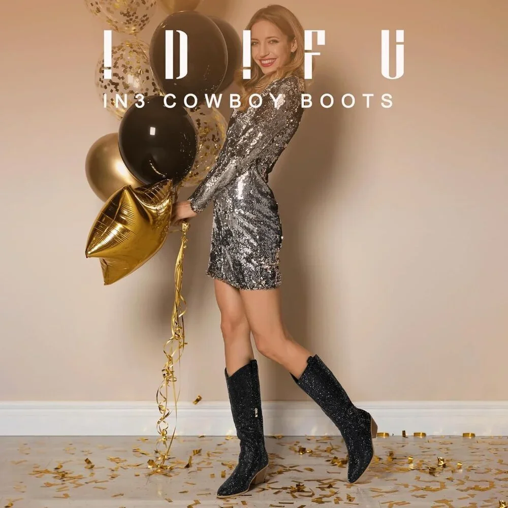 Women's Black Rhinestone Cowboy Boot Knee High Western Cowgirl Boots Pointed Toe